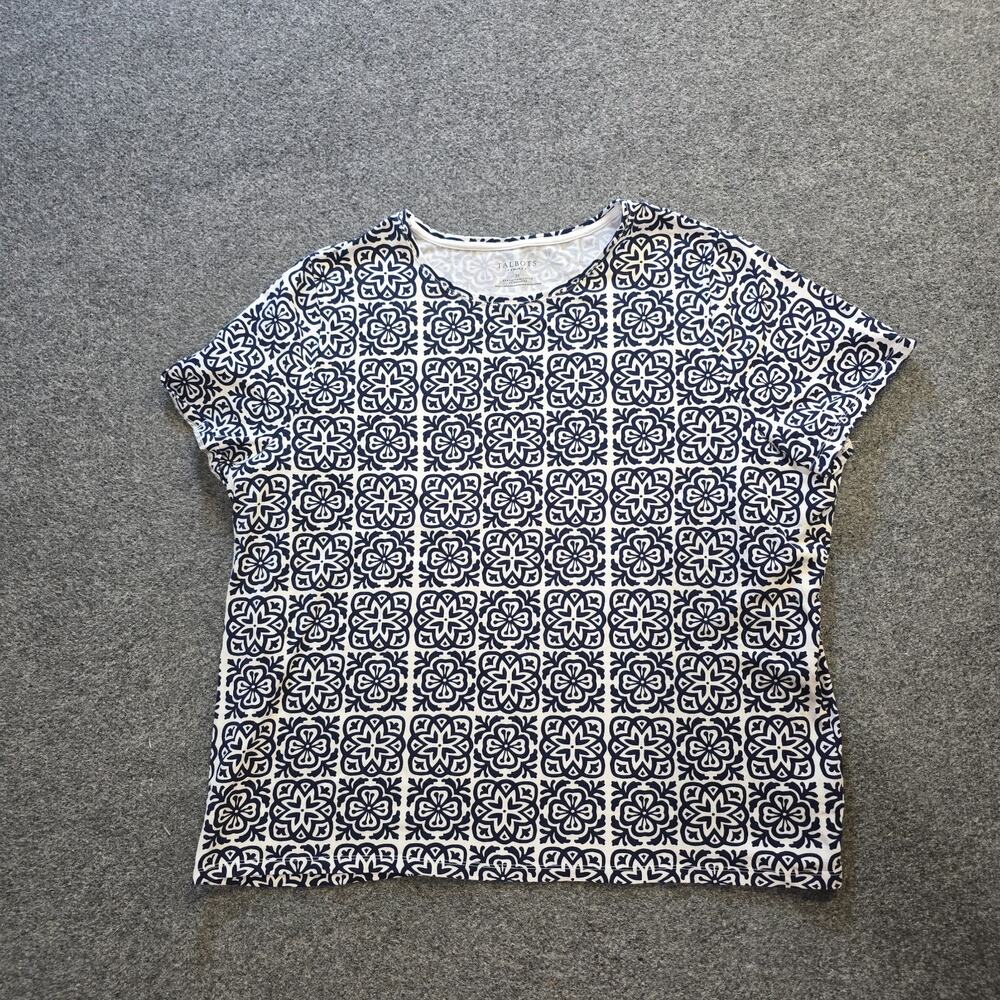 Talbots Top Womens Size 3X Blue Geometric Short Sleeve Stretch Round Neck Casual